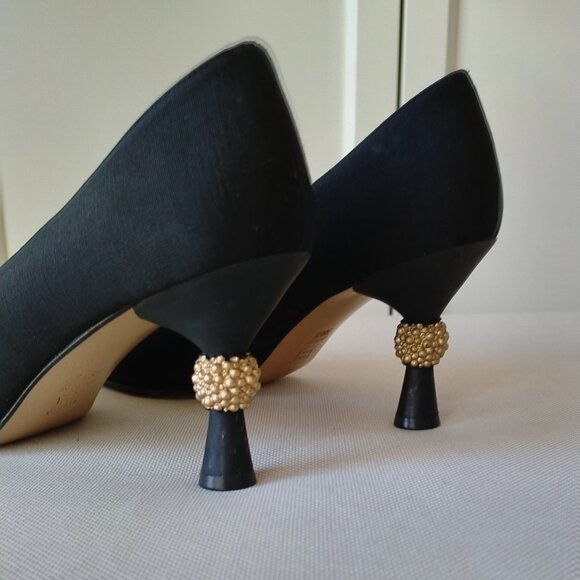 Italian Black Grosgrain Fabric Pumps with gold ball ornamented heel - Picture 5 of 5